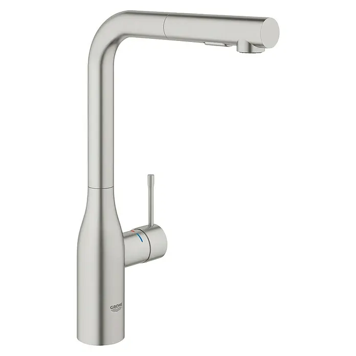 Grohe Essence Spültischarmatur - L-Auslauf, Supersteel, Matt - Moderne Grohe Küchenarmatur mit hohem Auslauf und praktischer Ausziehbrause für mehr Flexibilität in der Küche. Zeitloses Design in Edelstahloptik.