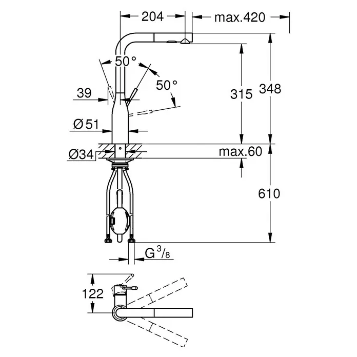 Grohe Costa Waschtischarmatur - Chrom - Technische Zeichnung einer Küchenarmatur mit Bemaßungen und Winkeln zur detaillierten Darstellung der Produktabmessungen.