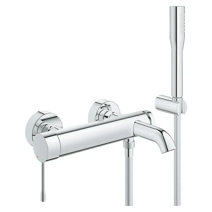 Grohe Essence Badewannenarmatur - Ausladung Armatur: 193 mm, Chrom, Glänzend, Handbrause - Das chromglänzende Aufputz-Brausebatterie mit Handbrause bietet eine moderne und elegante Lösung für Ihr Badezimmer.