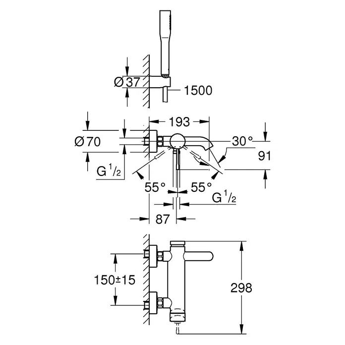 Grohe Essence Badewannenarmatur - Ausladung Armatur: 193 mm, Chrom, Glänzend, Handbrause - Technische Zeichnung einer Duscharmatur mit Maßen. Details zu Anschlüssen, Abständen und Winkeln für die Installation.
