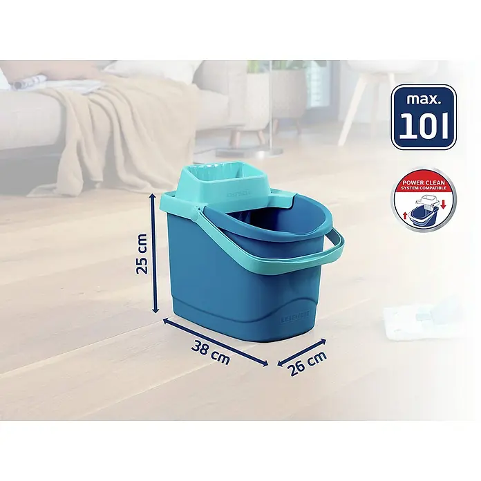 Leifheit Power Clean Eimer M - 10 l, Kunststoff - Leifheit Putzeimer mit Auswringer: Der blaue Eimer ist mit einer türkisfarbenen Vorrichtung zum Auswringen ausgestattet. Abmessungen sind sichtbar.