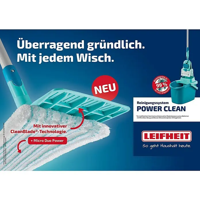 Leifheit Power Clean Bodenwischer M Teleskopstiel - 33 cm, Materialspezifizierung: Mikrofaser - Werbung für Leifheit Power Clean Reinigungssystem mit innovativer CleanBlade-Technologie und Micro Duo Power für eine gründliche Reinigung.