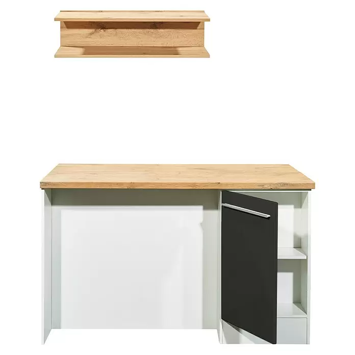Respekta Inselküche Gabriel - Breite: 150 cm, Grau, Ohne Elektrogeräte - Moderne Kücheninsel mit Holzplatte, weißem Unterbau und offener schwarzer Schranktür. Passendes Wandregal aus Holz.