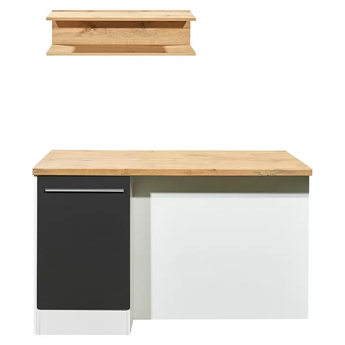 Respekta Inselküche Gabriel - Breite: 150 cm, Grau, Ohne Elektrogeräte - Moderne Küchenzeile mit heller Holzplatte, dunkelgrauer Tür und weißem Schrank, sowie passendem Holzregal.