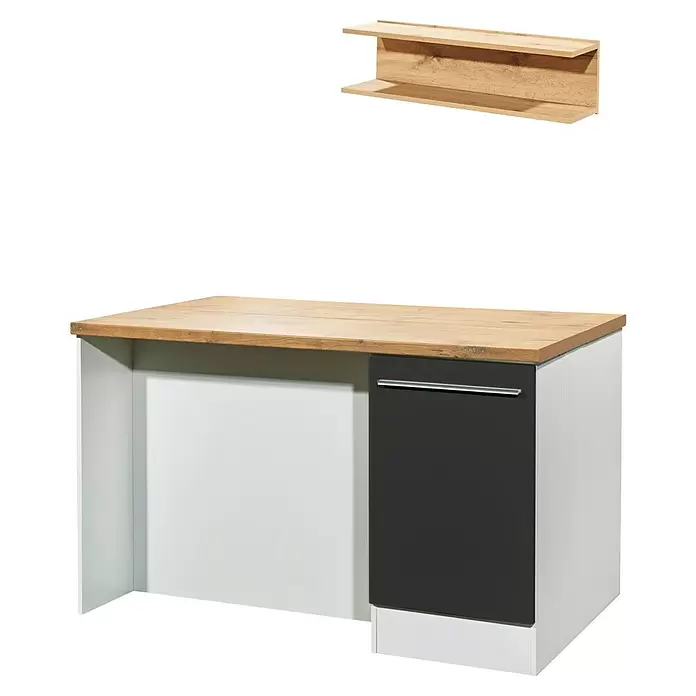Respekta Inselküche Gabriel - Breite: 150 cm, Grau, Ohne Elektrogeräte - Schreibtisch mit Holzplatte, weißem und dunkelgrauem Schrank sowie passendem Wandregal aus Holz.