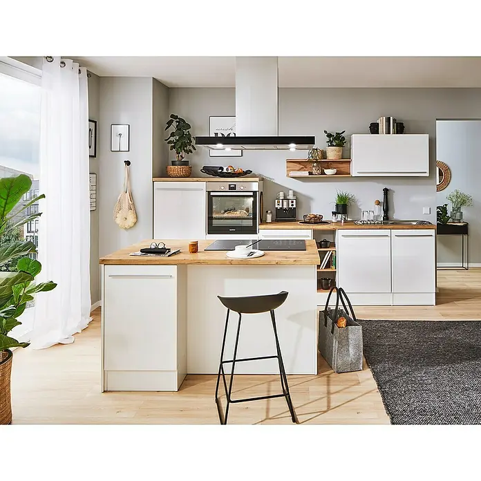 Respekta Inselküche Gabriel - Breite: 320 cm, Weiß, Mit Blockhaube, Mit Elektrogeräten - Kücheninterieur mit Kochinsel, Barhocker, Einbauschränken, Geräten und dekorativen Elementen in modernem Design für ein stilvolles Kocherlebnis.