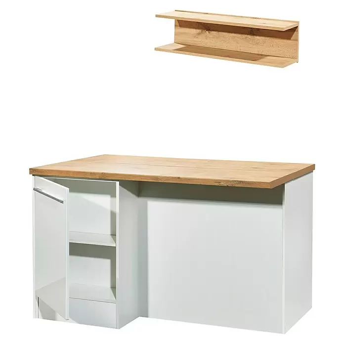 Respekta Inselküche Gabriel - Breite: 320 cm, Weiß, Mit Schräghaube, Mit Elektrogeräten - Weißer Schrank mit heller Holzplatte, offener Tür, Regalen und passendem schwebendem Wandregal aus Holz.