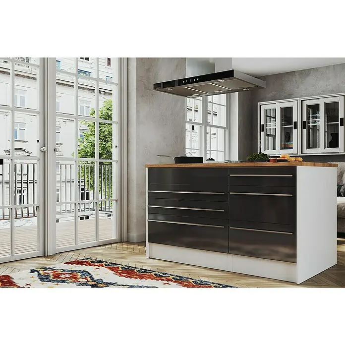 Respekta Inselküche Gabriel - Breite: 320 cm, Grau, Mit Blockhaube, Mit Elektrogeräten - Moderne Kücheninsel mit dunklen Schubladen und einer hölzernen Arbeitsplatte, die Funktionalität und Stil in einem zeitgemäßen Design vereint.
