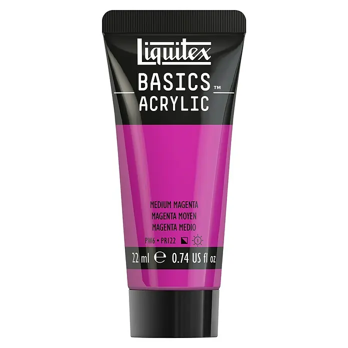 Liquitex Basics Acrylfarbe - Magenta mittel, 22 ml - Nahaufnahme einer Tube Liquitex Basics Acrylfarbe in Medium Magenta, ideal für Künstler und Hobbybastler.