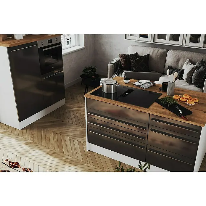 Respekta Inselküche Gabriel - Breite: 320 cm, Grau, Mit Inselhaube, Mit Elektrogeräten - Elegantes Küchendesign mit Kochinsel und modernen Geräten, die eine stilvolle und funktionale Atmosphäre schaffen.