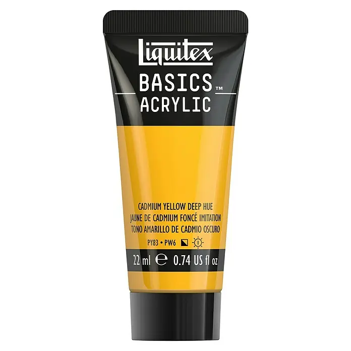 Liquitex Basics Acrylfarbe - Kadmiumgelb dunkel, 22 ml - Eine Tube Liquitex Basics Acrylfarbe in Cadmiumgelb Tief. Ideal für Kunstprojekte und Hobbyanwendungen.