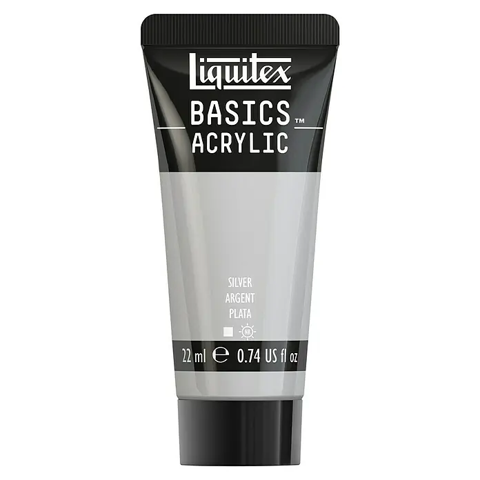 Liquitex Basics Acrylfarbe - Silber, 22 ml - Ein Tube Liquitex Basics Acrylfarbe in Silber. Die Tube zeigt Produktinformationen und ist auf einem schwarzen Hintergrund abgebildet.
