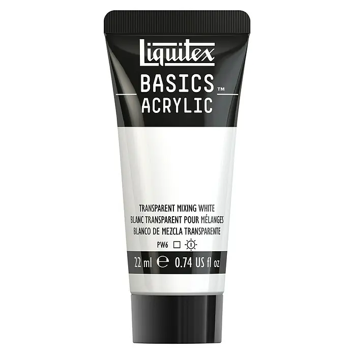 Liquitex Basics Acrylfarbe - Transparent Mischweiß, 22 ml - Abbildung einer Tube Liquitex Basics Acrylfarbe in Transparent Mixing White mit 22 ml Inhalt für Künstler.