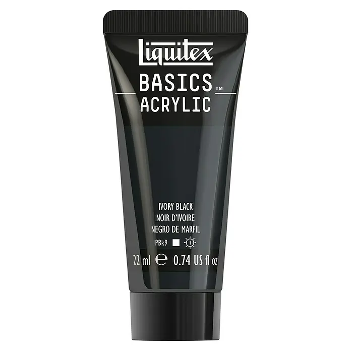 Liquitex Basics Acrylfarbe - Elfenbeinschwarz, 22 ml - Abbildung einer Tube Liquitex Basics Acrylfarbe in Elfenbeinschwarz, geeignet für verschiedene Kunstprojekte.