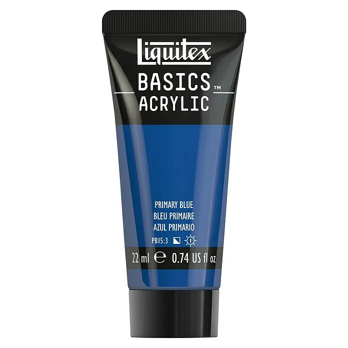Liquitex Basics Acrylfarbe - Primärblau, 22 ml - Nahaufnahme einer Tube Liquitex Basics Acrylfarbe in "Primary Blue", ideal für Künstler und Hobbybastler.