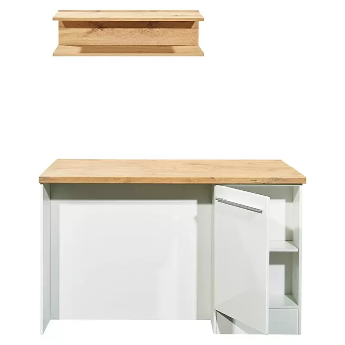 Respekta Inselküche Gabriel - Breite: 320 cm, Weiß, Mit Schräghaube, Mit Elektrogeräten - Leichte Holz-Wandablage und eine weiße Kücheninsel mit Holzplatte und geöffnetem Schrank.