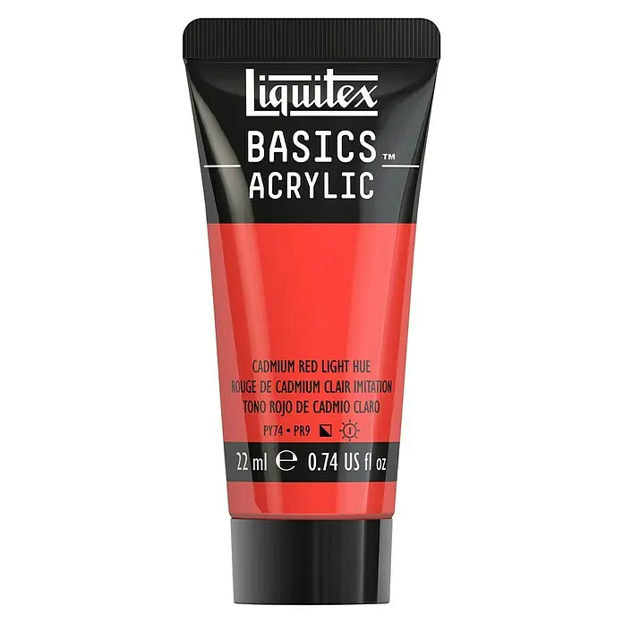 Liquitex Basics Acrylfarbe - Kadmiumrot hell, 22 ml - Abbildung einer Tube Liquitex Basics Acrylfarbe in Kadmiumrot hell.