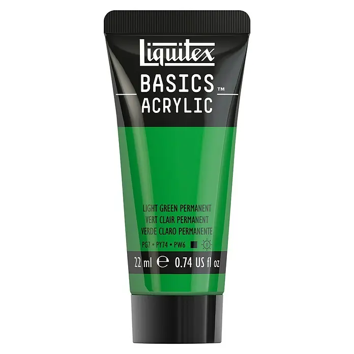 Liquitex Basics Acrylfarbe - Permanentgrün hell, 22 ml - Eine Tube Liquitex Basics Acrylfarbe in Hellgrün Permanent, ideal für Kunstprojekte und kreative Anwendungen.