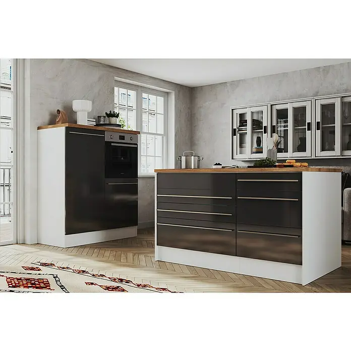 Respekta Inselküche Gabriel - Breite: 320 cm, Grau, Mit Inselhaube, Mit Elektrogeräten - Kücheninterieur mit modernen, dunklen Schränken, Holzarbeitsplatten und weißen Akzenten für ein elegantes und funktionales Design.