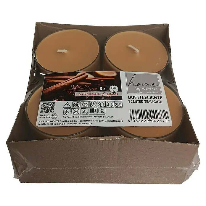 Duft-Teelicht - Cinnamon & Spices, Brenndauer ca.: 8 h - Packung Duftteelichter Zimt & Gewürze. Die Teelichter sind in einer durchsichtigen Plastikverpackung mit Papprahmen verpackt.