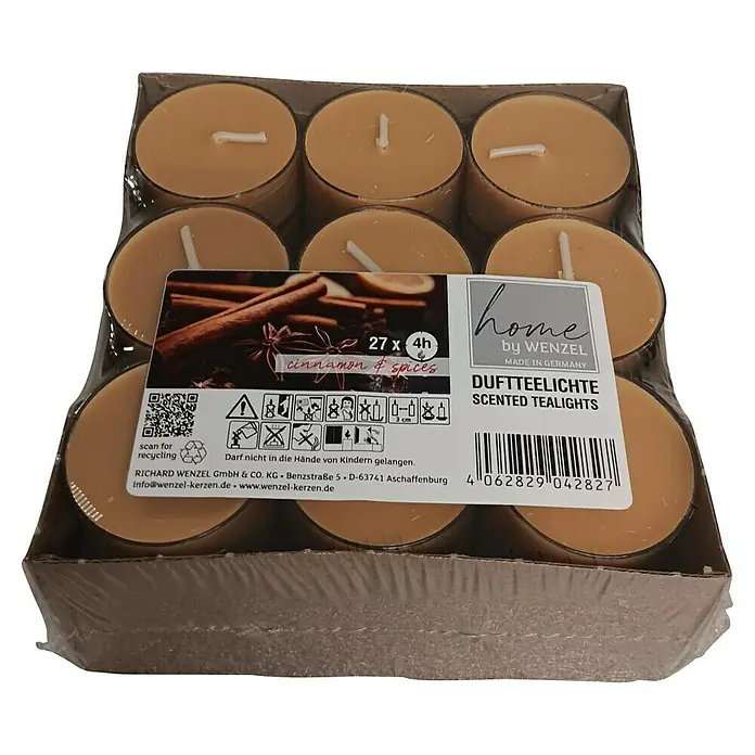 Duft-Teelicht - Cinnamon & Spices, Brenndauer ca.: 4 h - Eine Packung Duftteelichter "Zimt und Gewürze" der Marke "Home by Wenzel". Hergestellt in Deutschland.