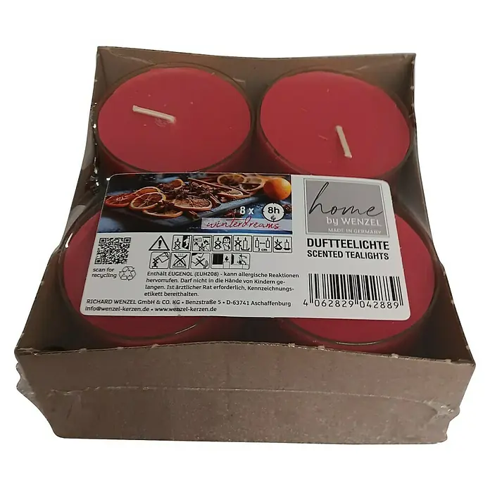 Duft-Teelicht - Winterdreams, Brenndauer ca.: 8 h - Bild einer Packung Winterdreams Duftteelichter von Home by Wenzel. Hergestellt in Deutschland.