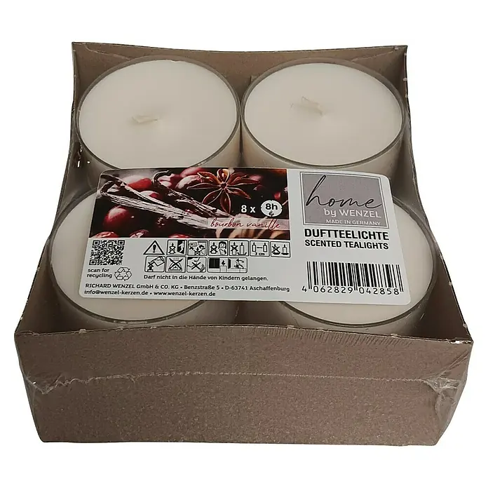 Duft-Teelicht - Bourbon Vanilla, Brenndauer ca.: 8 h - Packung Duftteelichter 'Bourbon Vanille' von Wenzel, 8 Stück mit je 8 Stunden Brenndauer, ideal für gemütliche Atmosphäre.
