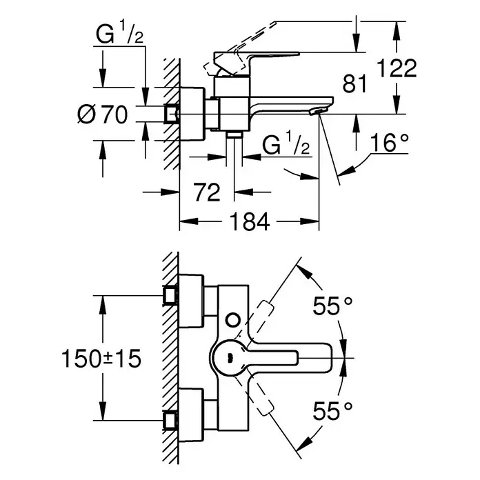 Grohe Lineare Badewannenarmatur - Ausladung Armatur: 184 mm, Chrom, Glänzend - Technische Zeichnung einer Armatur mit Maßen und Winkeln, inklusive Wandabstand und Durchmesser des Anschlusses.