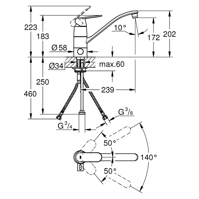 Grohe Eurosmart Cosmopolitan Spültischarmatur - Chrom, Glänzend, Vorabsperrung - Technische Zeichnung einer Küchenarmatur mit Maßangaben für Installation und Design.