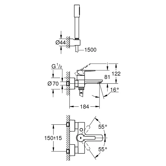 Grohe Lineare Badewannenarmatur - Ausladung Armatur: 184 mm, Chrom, Glänzend, Handbrause - Technische Zeichnung einer Armatur mit Massangaben zu Rohranschluss, Ausladung und Abständen.