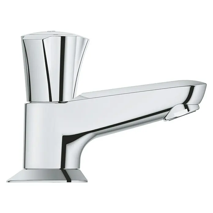 Grohe Costa Kaltwasser-Standventil - Chrom, Glänzend, Höhe: 9,3 cm - Nahaufnahme eines glänzenden Chrom-Wasserhahns mit einem schlanken Design und einer klaren Formgebung, ideal für moderne Badezimmer.