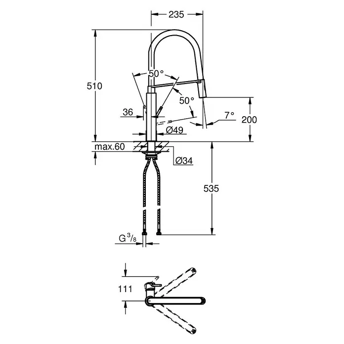 Grohe Concetto Spültischarmatur - Supersteel/Schwarz, Matt - Technische Zeichnung einer Küchenarmatur mit Maßangaben zu Höhe, Ausladung und Durchmesser relevanter Bauteile für die Installation.