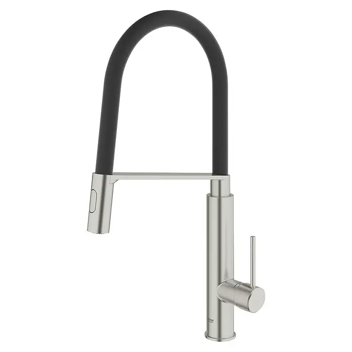 Grohe Concetto Spültischarmatur - Supersteel/Schwarz, Matt - Bild einer GROHE Spültischarmatur mit schwenkbarem Auslauf in gebürstetem Nickel, ein eleganter Hingucker für jede Küche.
