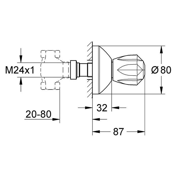 Grohe UP-Ventil Atlanta - Blau/Chrom - Schema des Wandventils mit Abmessungen, inklusive Durchmesser 80 und M24x1-Gewinde, zur detaillierten Produktbeschreibung.