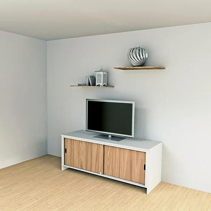 HBS Betz Gleittürbeschlag - Traglast: 6 kg, Länge: 150 cm, Einsatzbereich: Schrankschiebetüren - Ein moderner TV-Schrank mit Schiebetüren und ein minimalistisches Design, das perfekt für jedes Wohnzimmer ist, zusammen mit dekorativen Regalen.