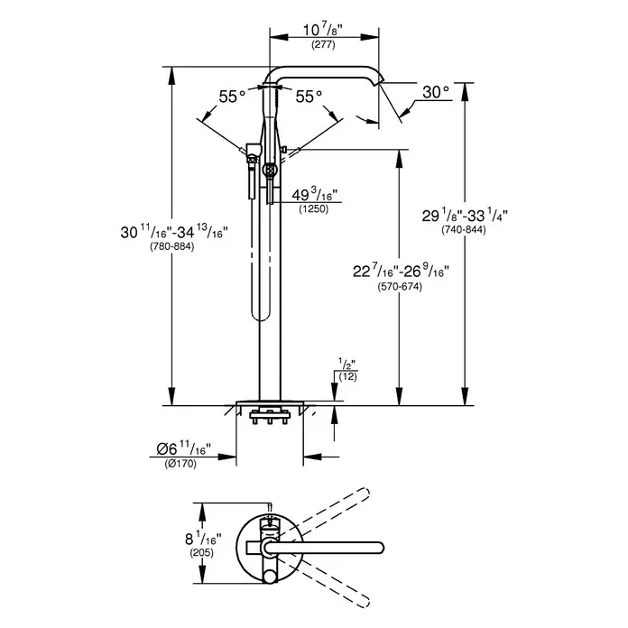 Grohe Essence Badewannenstandarmatur - Höhe: 88,4 cm, Hard Graphite, Matt - Eine Detailzeichnung einer freistehenden Badewannenarmatur mit allen Maßen und Winkeln für die Installation.