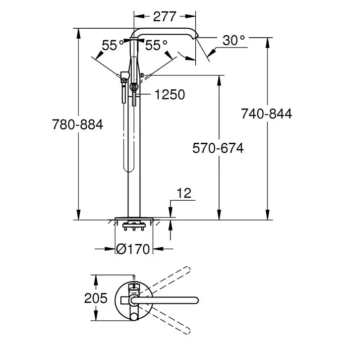 Grohe Essence Badewannenstandarmatur - Höhe: 88,4 cm, Warm Sunset, Matt - Technische Zeichnung eines freistehenden Wasserhahns mit Maßangaben zu Höhe, Ausladung und Durchmesser für Installationszwecke.