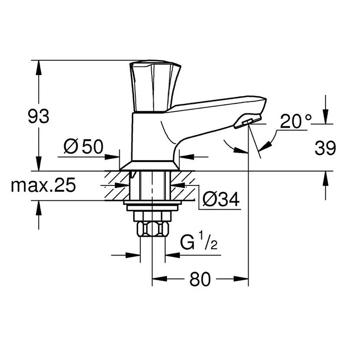 Grohe Costa Kaltwasser-Standventil - Chrom, Glänzend, Höhe: 9,3 cm - Abbildung einer technischen Zeichnung eines Wasserhahns mit Bemaßungen.