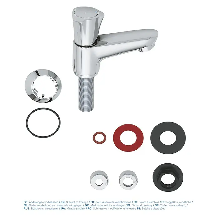 Grohe Costa Kaltwasser-Standventil - Chrom, Glänzend, Höhe: 9,3 cm - Bild eines einzelnen Wasserhahns mit Zubehör, einschließlich Dichtungen und Muttern.