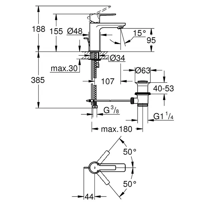 Grohe Lineare Waschtischarmatur XS-Size - Mit Zugstange, Chrom, Glänzend - Technische Zeichnung einer Armatur mit Maßangaben zu Höhe, Durchmesser und Ausladung für Installationsdetails.