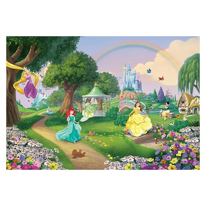 Komar Disney Edition 4 Fototapete Princess Rainbow - 8 -tlg., B x H: 368 x 254 cm, Papier - Märchenhafte Szene mit Disney-Prinzessinnen in einer üppigen Landschaft mit Schloss, Regenbogen und Blumen.