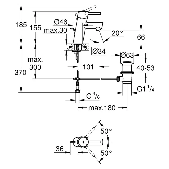 Grohe Concetto Waschtischarmatur S-Size - Mit Zugstange, Chrom, Glänzend - Maßzeichnung eines Wasserhahns mit detaillierten Bemaßungen für Installation und Design.
