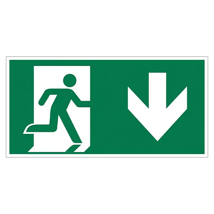 Pickup Fluchtwegschild - Motiv: Notausgang-Pfeil unten, L x B: 30 x 15 cm - Grünes Schild mit weißem Symbol für Notausgang und Richtungspfeil nach unten, deutliche Kennzeichnung.