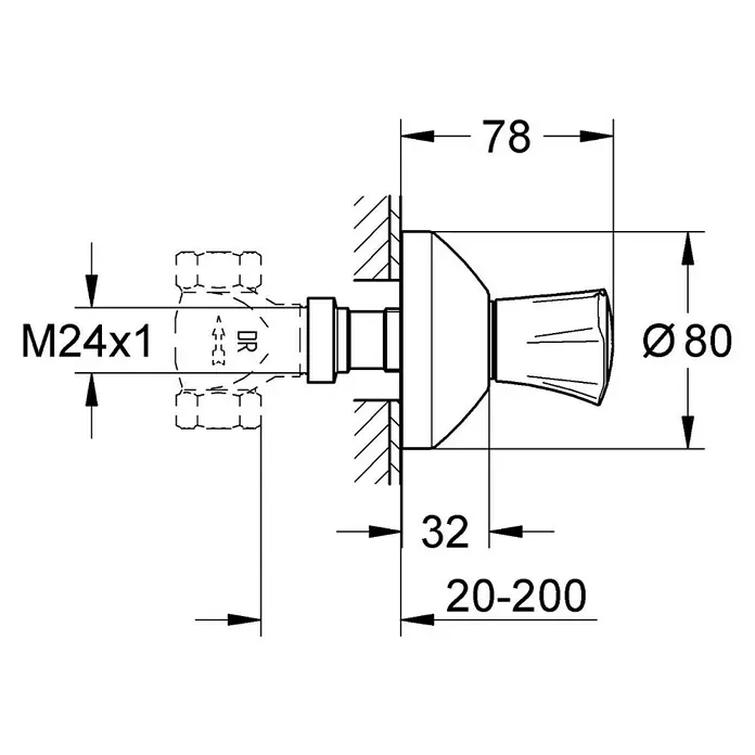 Grohe Costa UP-Ventil - Chrom/Rot, Einbautiefe: 20 mm - 200 mm, Glänzend - Technische Zeichnung eines Wasserhahns mit Maßangaben. Die Armatur zeigt die Abmessungen von M24x1 bis Ø80 und 78mm.