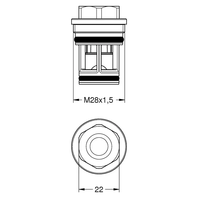 Grohe Vorabsperrung Rapido Smartbox - Schwarz - Produktabbildung: Thermostatkopf mit den Maßen M28x1,5 und 22 zur präzisen Temperaturregelung.