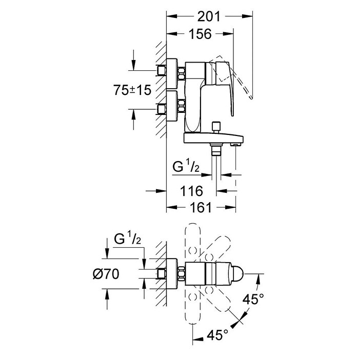 Grohe Badewannenarmatur Eurostyle C Vertica (Chrom, Glänzend, Ausladung: 161 mm) | BAUHAUS