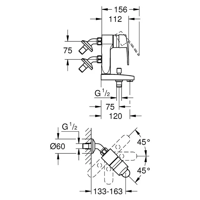 Grohe Badewannenarmatur Eurostyle C Vertica - Ausladung Armatur: 120 mm, Chrom, Glänzend - Technische Zeichnung einer Armatur mit Maßangaben.