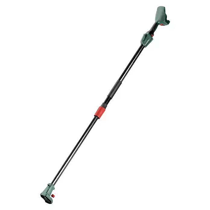 Metabo Teleskopstab MS - Passend für: Akku-Gehölzsäge MS 18 LTX 15 - Lange, schwarze Teleskop-Verlängerungsstange mit grünen Enden und rotem Verstellring.