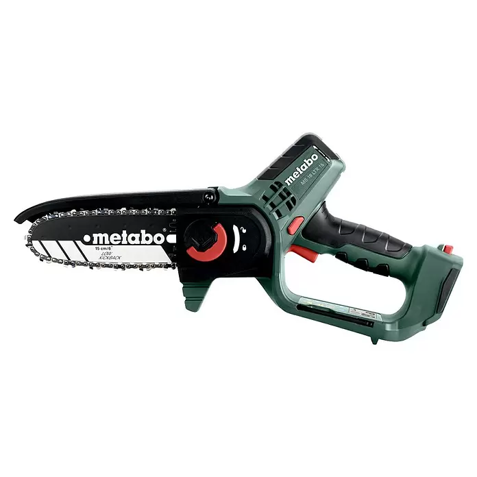 Metabo CAS 18V Einhand-Akku-Kettensäge MS 18 LTX 15 - 18 V, Li-Ionen, Ohne Akku, Schwertlänge: 15 cm - Grüne und schwarze Metabo MS 18 LTX 15 Akku-Minikettensäge mit 15 cm/6 Zoll Low-Kickback-Kette.