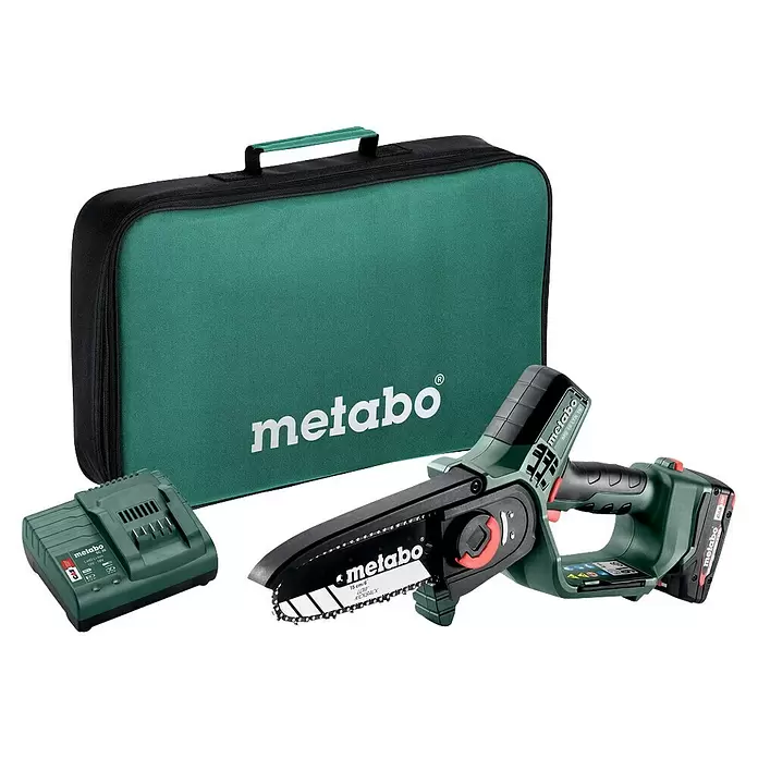 Metabo CAS 18V Einhand-Akku-Kettensäge MS 18 LTX 15 mit Werkzeugtasche - 18 V, 2 Ah, Li-Ionen - Metabo Akku-Mini-Kettensägen-Set: grün-schwarze Säge, Ladegerät und Tasche.